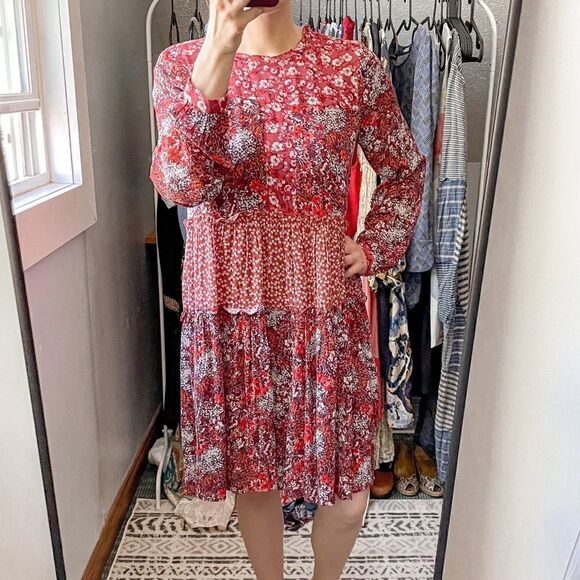 Anthropologie Maeve Red Floral Tiered Mini Dress Long Sleeve S - Picture 5 of 9